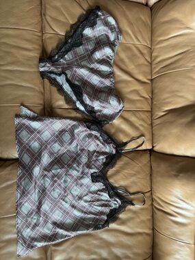 Plaid Lace-Trim Satin Camisole and Bralette Set - Black Trim